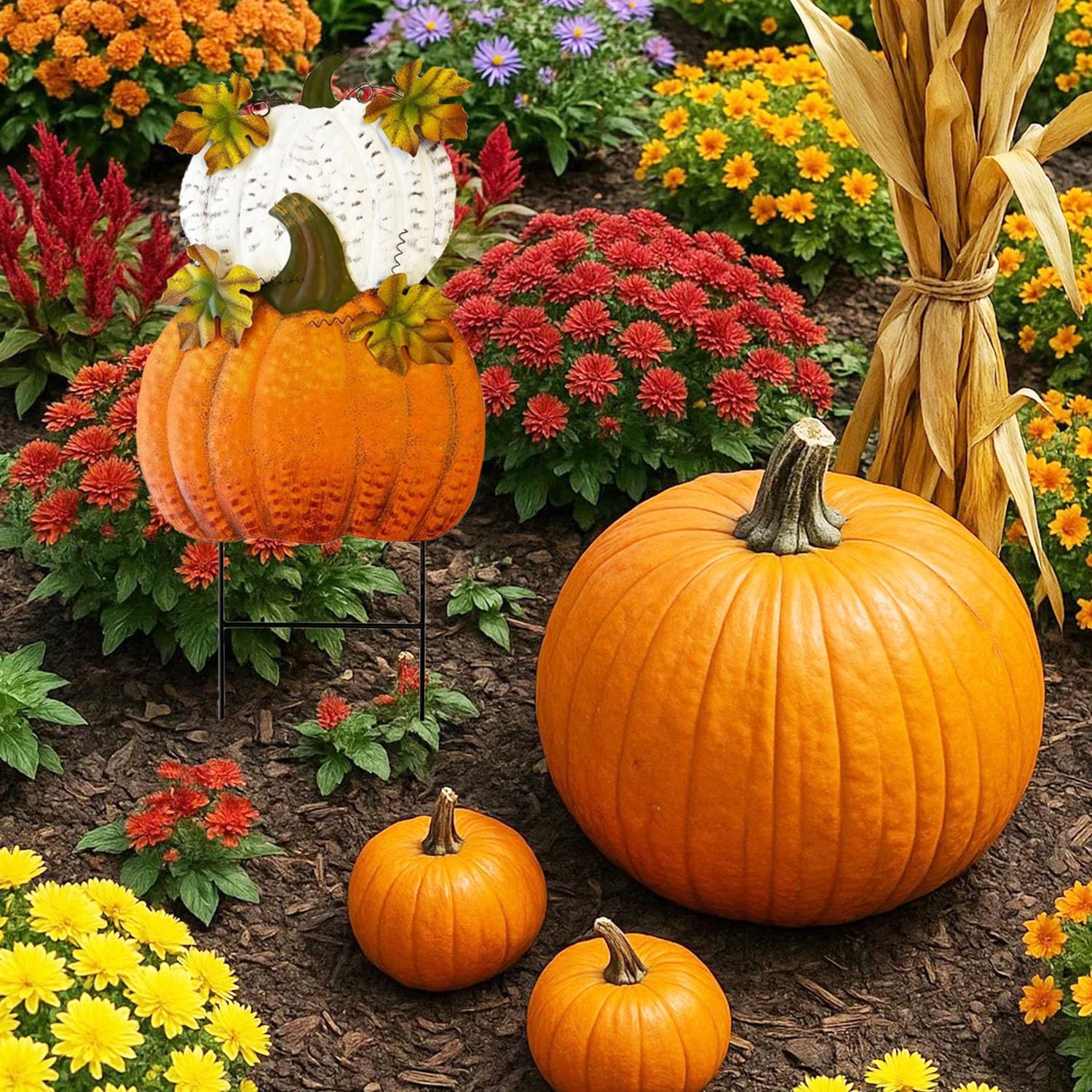 Set of 2 Rustic Metal Stacked Pumpkin Garden Stake Indoor Outdoor Welcome Dec…