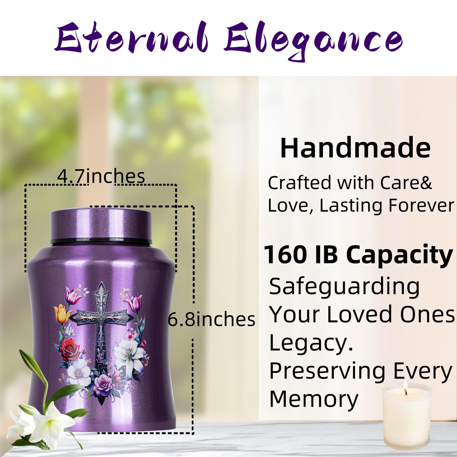 Purple Cross Urns for Ashes Women Up to 140 LBS, Cross,
