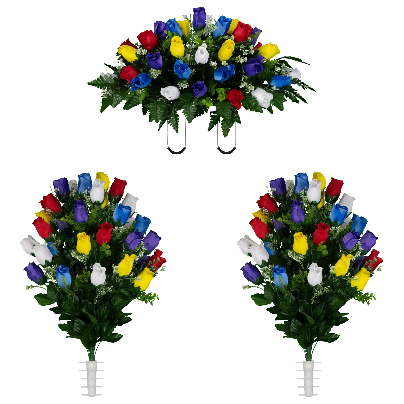Artificial Cemetery Flowers – Multi Color Roses Saddle & 2 Bouquets