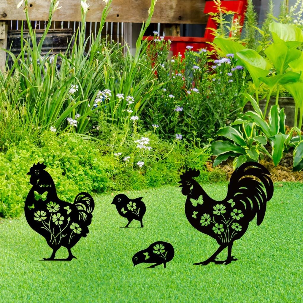 Metal Chicken Garden Decor – 4 Pcs Yard Art Stakes for Outdoor Lovers