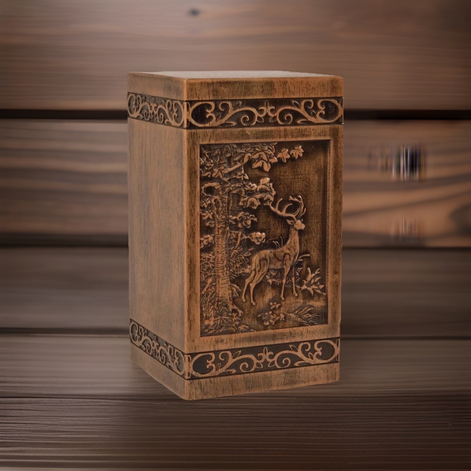 Wooden Cremation Urn for Human Ashes Deer Carved Memorial Box Urn