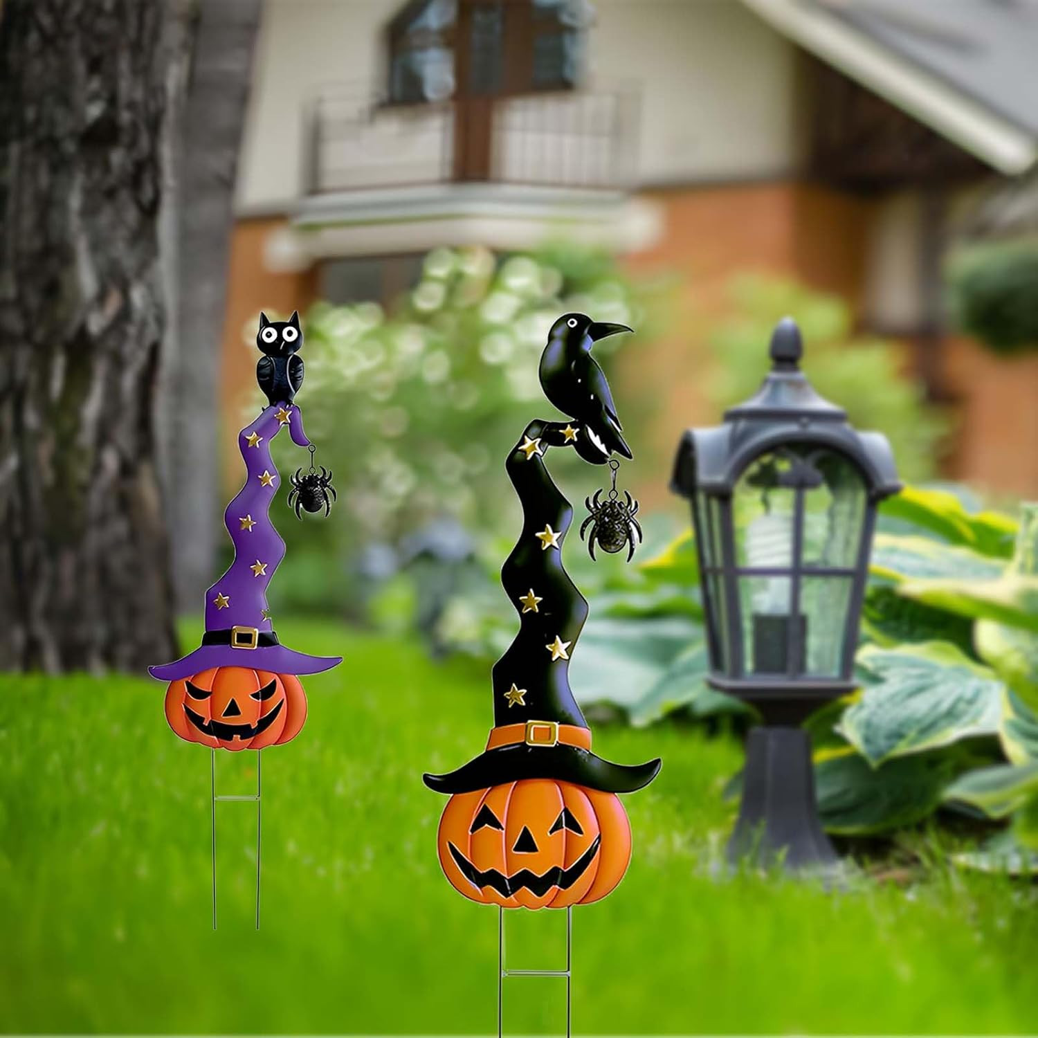 2 Pack Halloween/Thanksgiving Garden Decorations, Metal Jack-O-Lantern Stakes wi