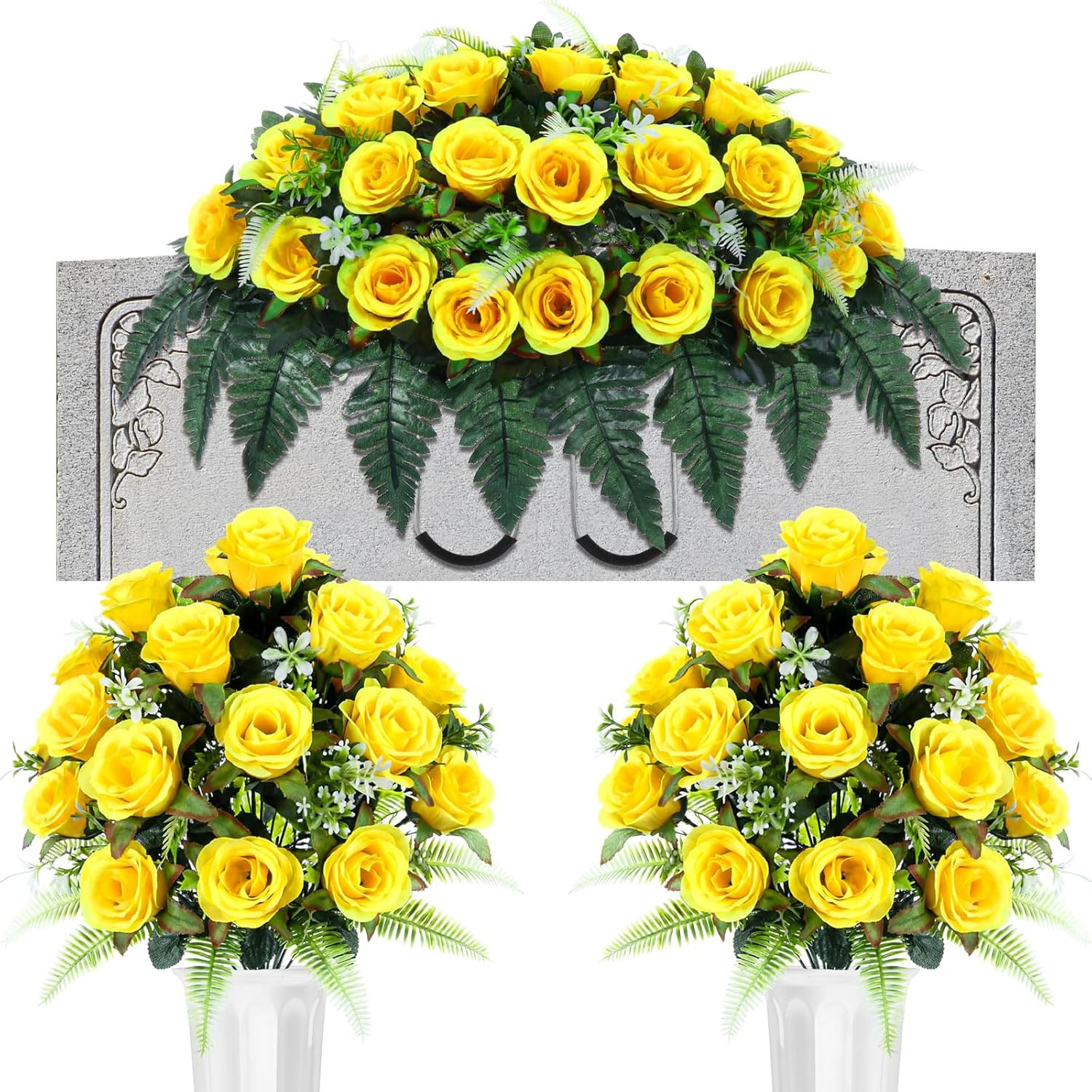 3 Pack Cemetery Flower Saddle Yellow Rose Memorial Grave Headstone Decor Set