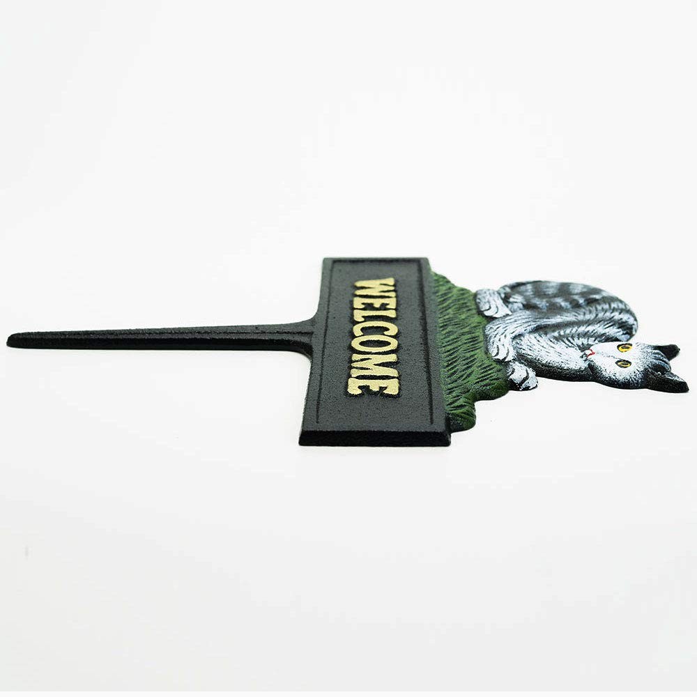 Vintage Cast Iron Garden Stake Welcome Sign, 12″ Tall & Cat Design