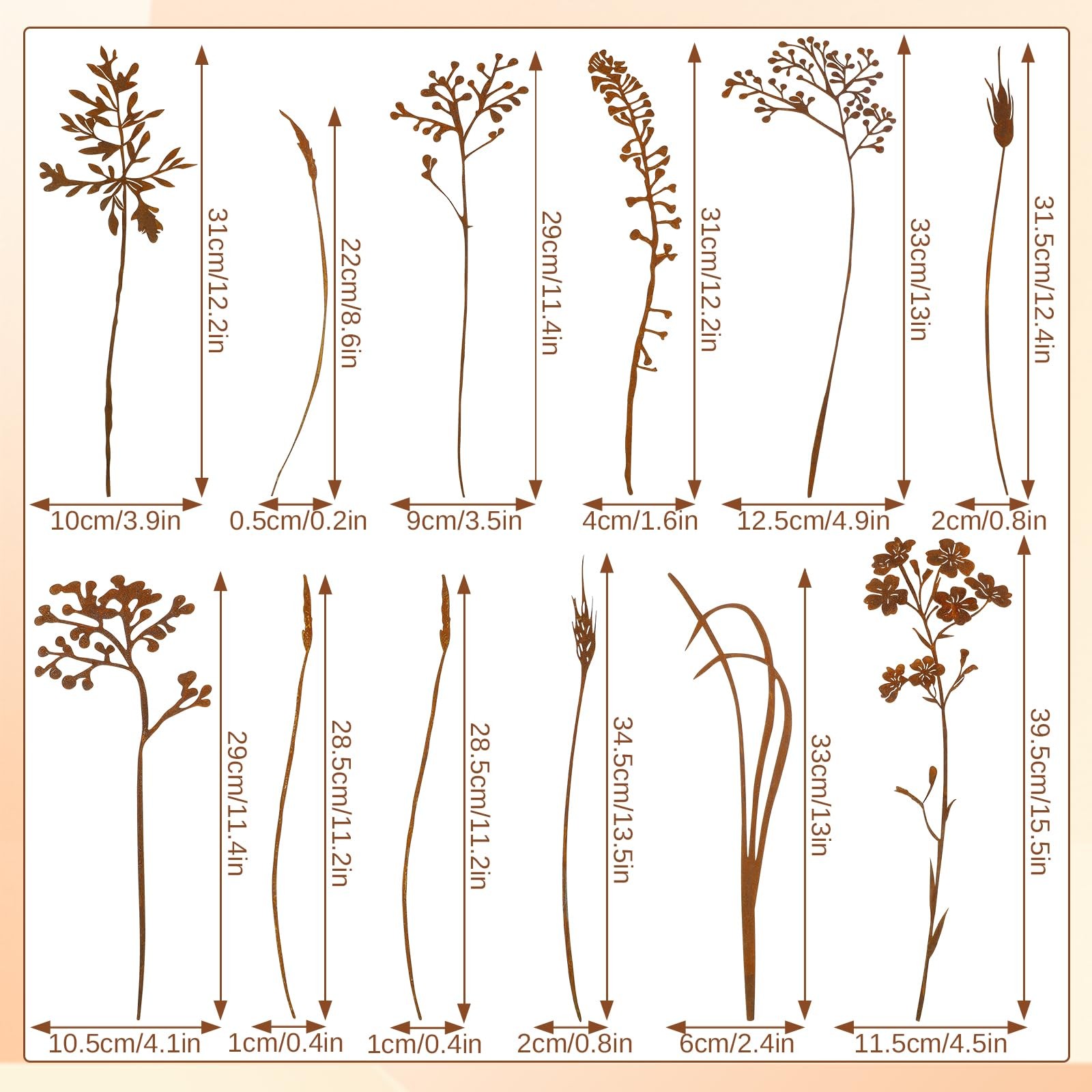 12 Pcs Rusty Metal Flower Garden Stakes for Yard Art and Outdoor Decor