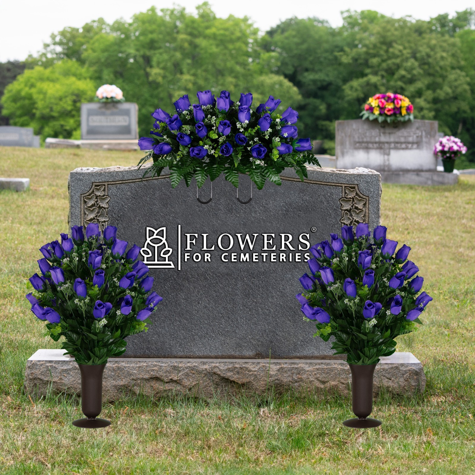 Artificial Cemetery Flowers – Purple Rose Saddle & 2 Matching Bouquets