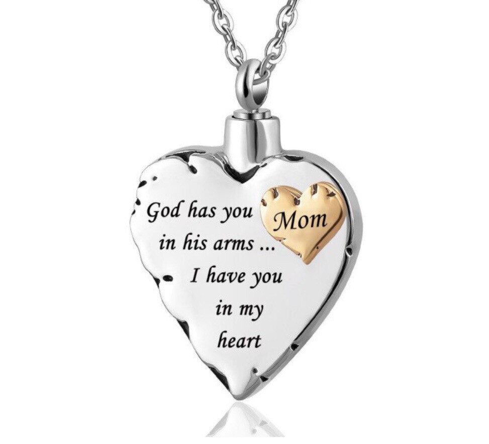 Double Heart Mom Jewelry Necklace Pendant Cremation Urn Ashes God Has You In His