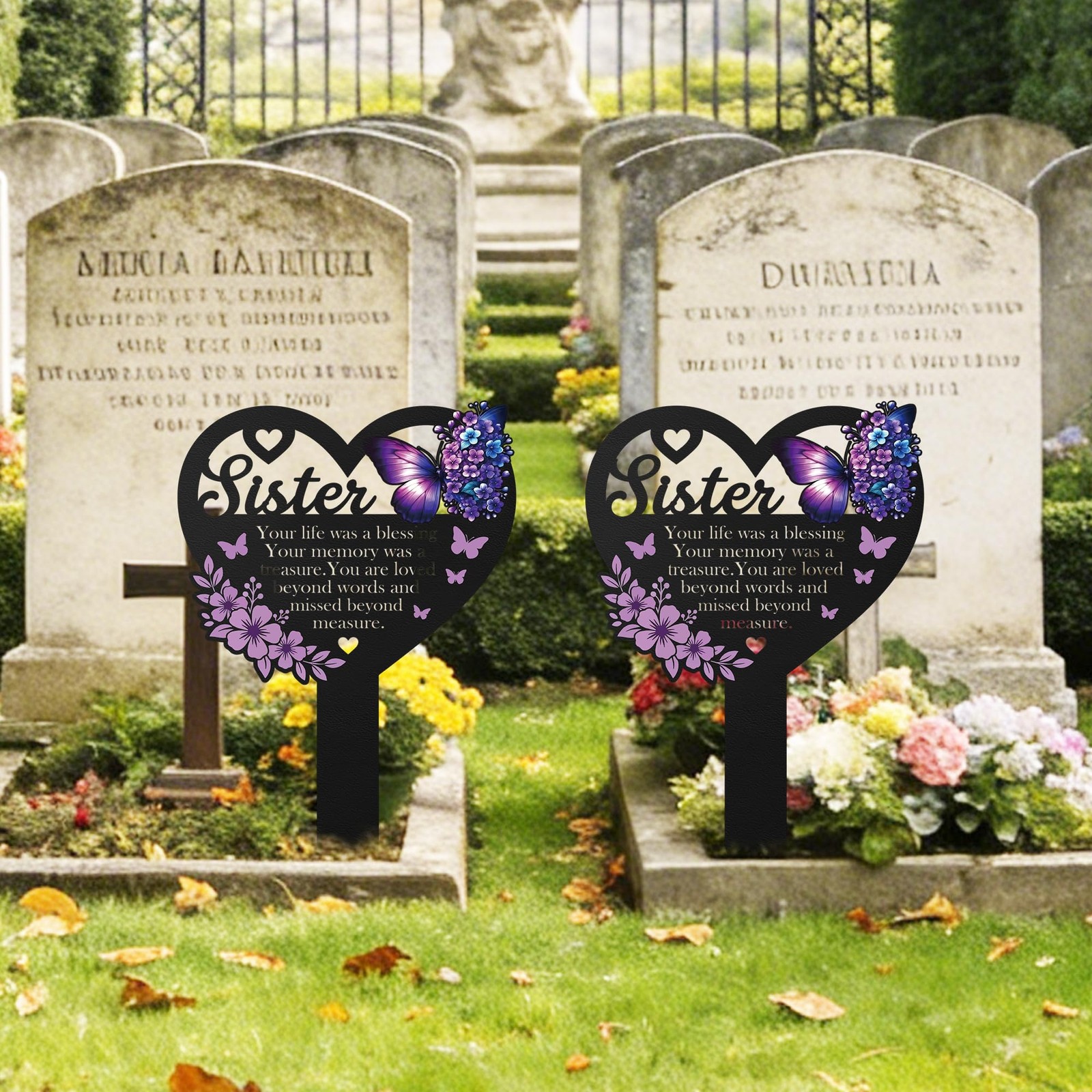 HeartShaped Sister Memorial Marker with Butterfly Design for Gravesite Decor
