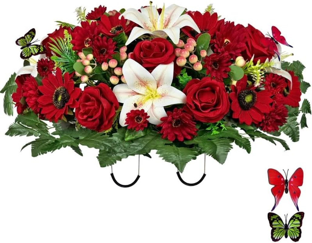 All-Weather Artificial Cemetery Flowers with Butterflies for Headstone Decor