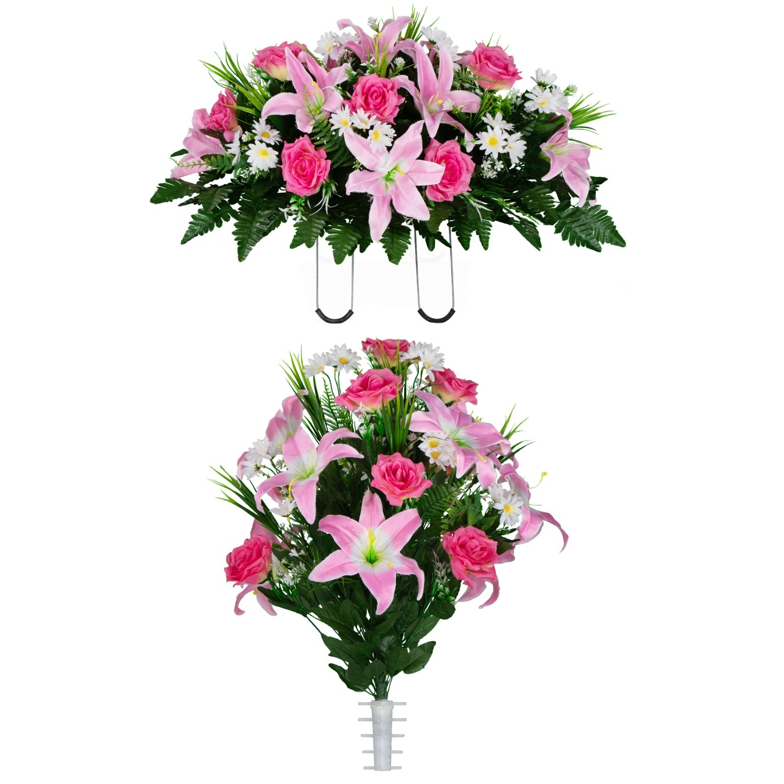 Artificial Gravesite Flowers- Pink Lily, Rose & White Daisies Saddle & Bouquet