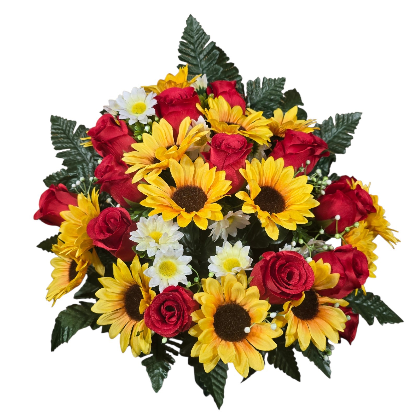 SUNFLOWER CEMETERY VASE MEMORIAL DECORATION WITH RED ROSEBUDS AND SUNFLOWERS