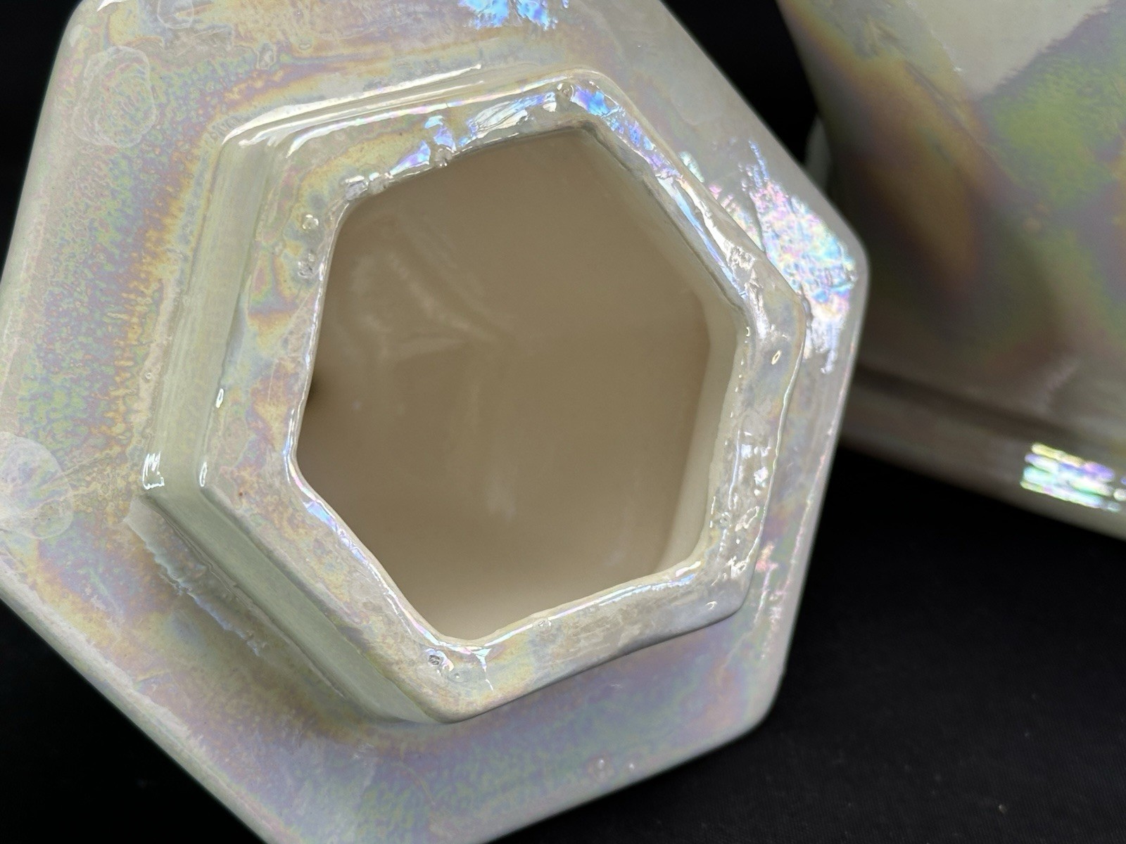 Medium Hex Shaped Ceramic Cremation Urn Mother of Pearl Opalescent