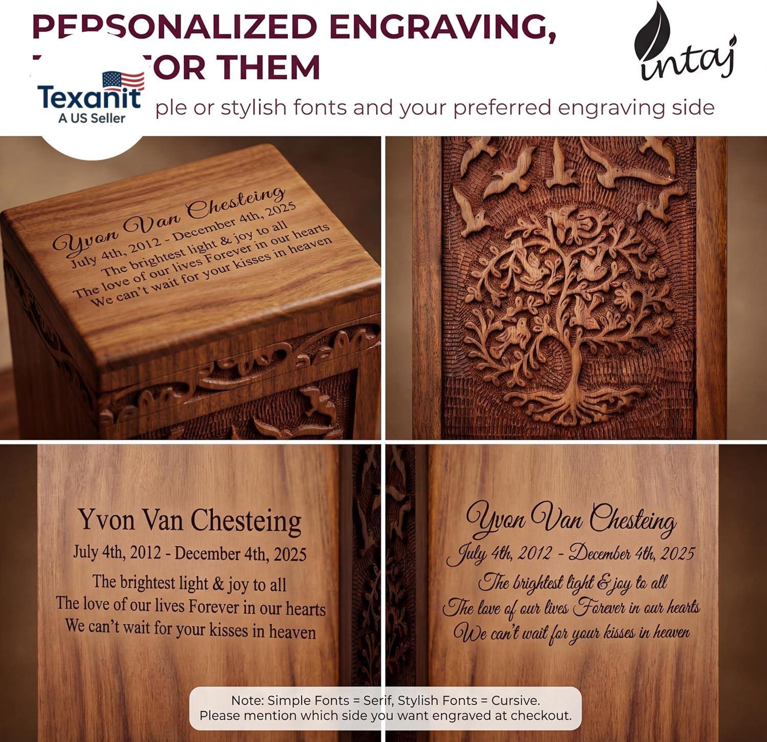 Handcarved Wooden Cremation Urn for Human Ashes – Tree of Life Design, 250 Lbs C