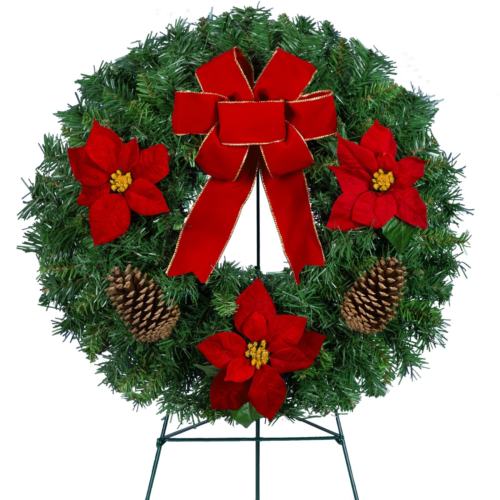 Artificial Pine Wreaths- Poinsettia & Pine Cones with Velvet Bow- Easel Included