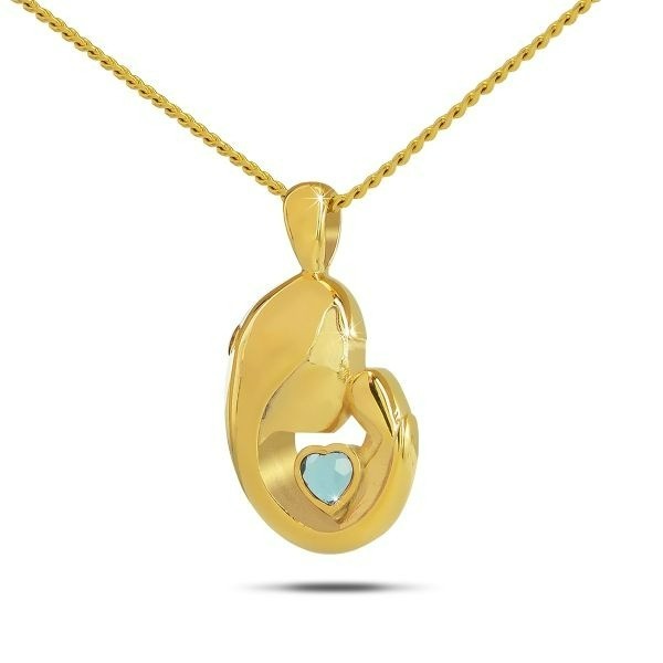 March Mothers Love w/ Aquamarine Gold Plated steel Pendant/Necklace Urn for Ash