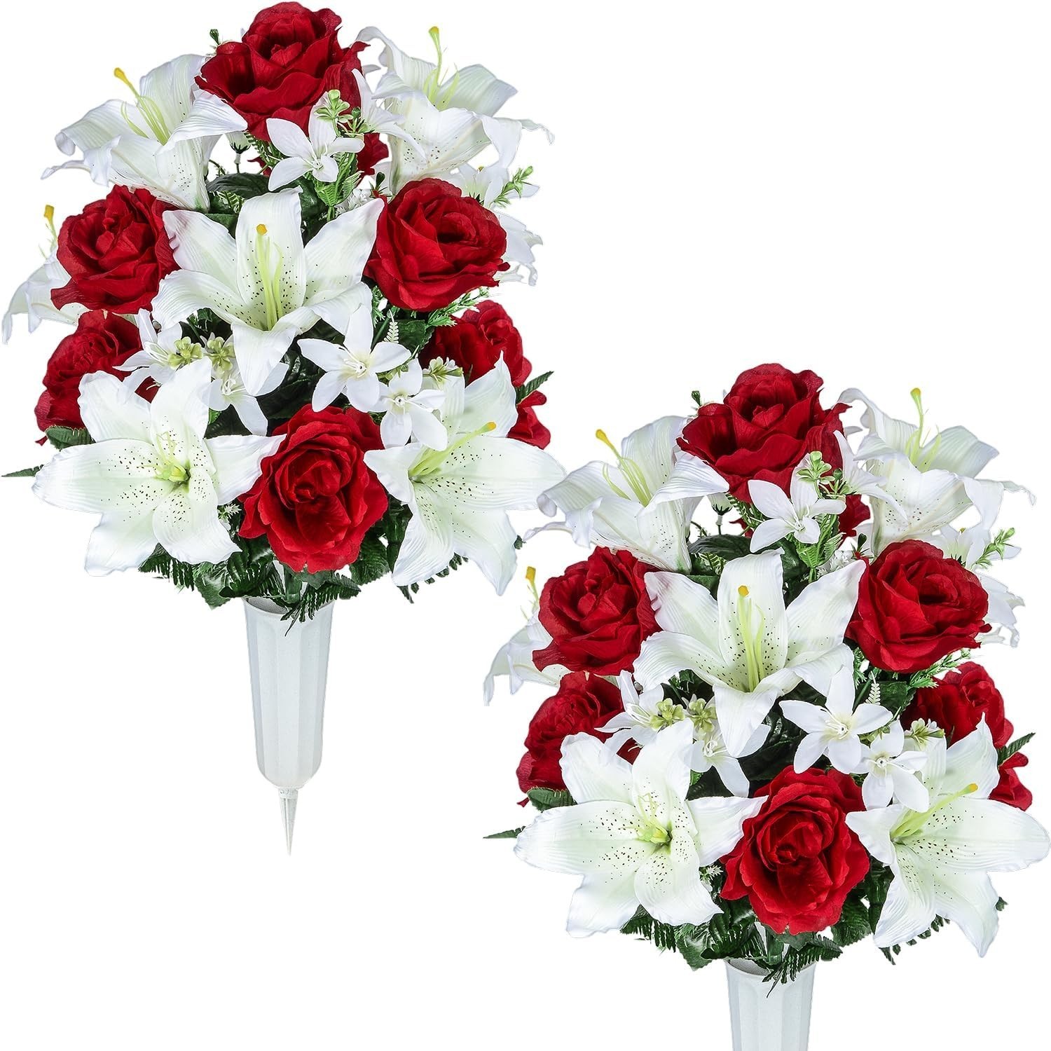 Grave Decor Flowers with Vase – White Lily Red Rose