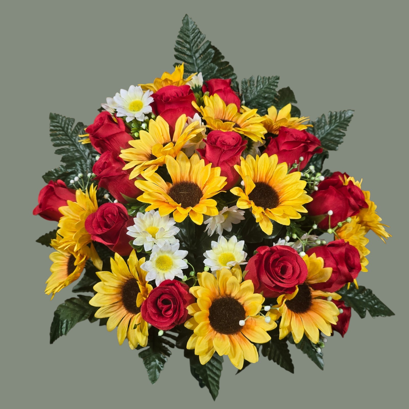 SUNFLOWER CEMETERY VASE MEMORIAL DECORATION WITH RED ROSEBUDS AND SUNFLOWERS