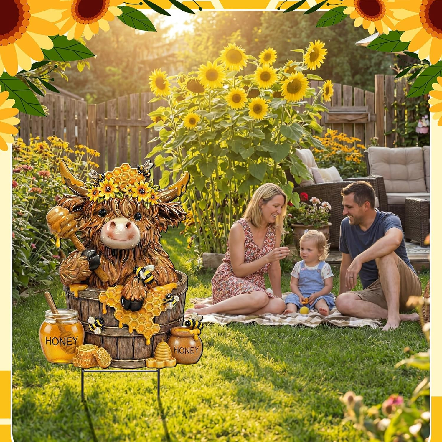 Bee Highland Cow Outdoor Decor Honeybee Cow Metal Garden Stakes Decorative Rusti