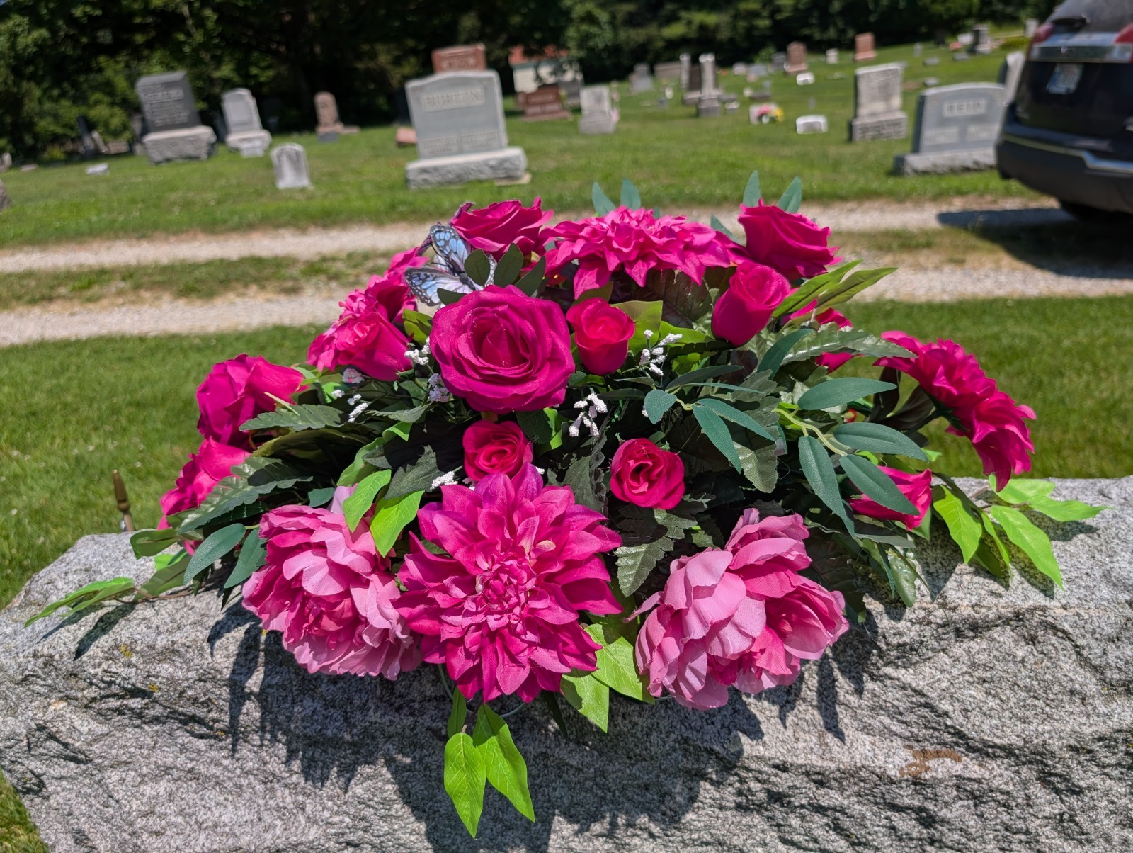 Hot Pink Cemetery Saddle, Memorial Flowers for Grave, Floral Headstone Saddle