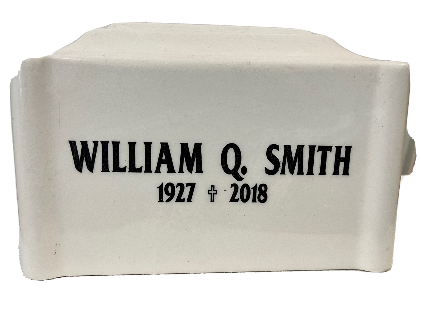 White Cremation Urn Vault w/ Photo & Laser Engraved Name Dates & Picture Emblem
