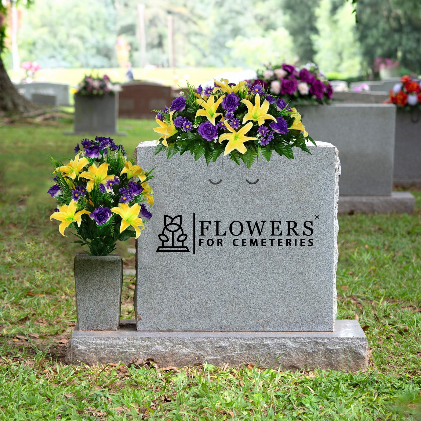 Artificial Flowers – Yellow Lily with Purple Rose and Daisies Saddle & Bouquet