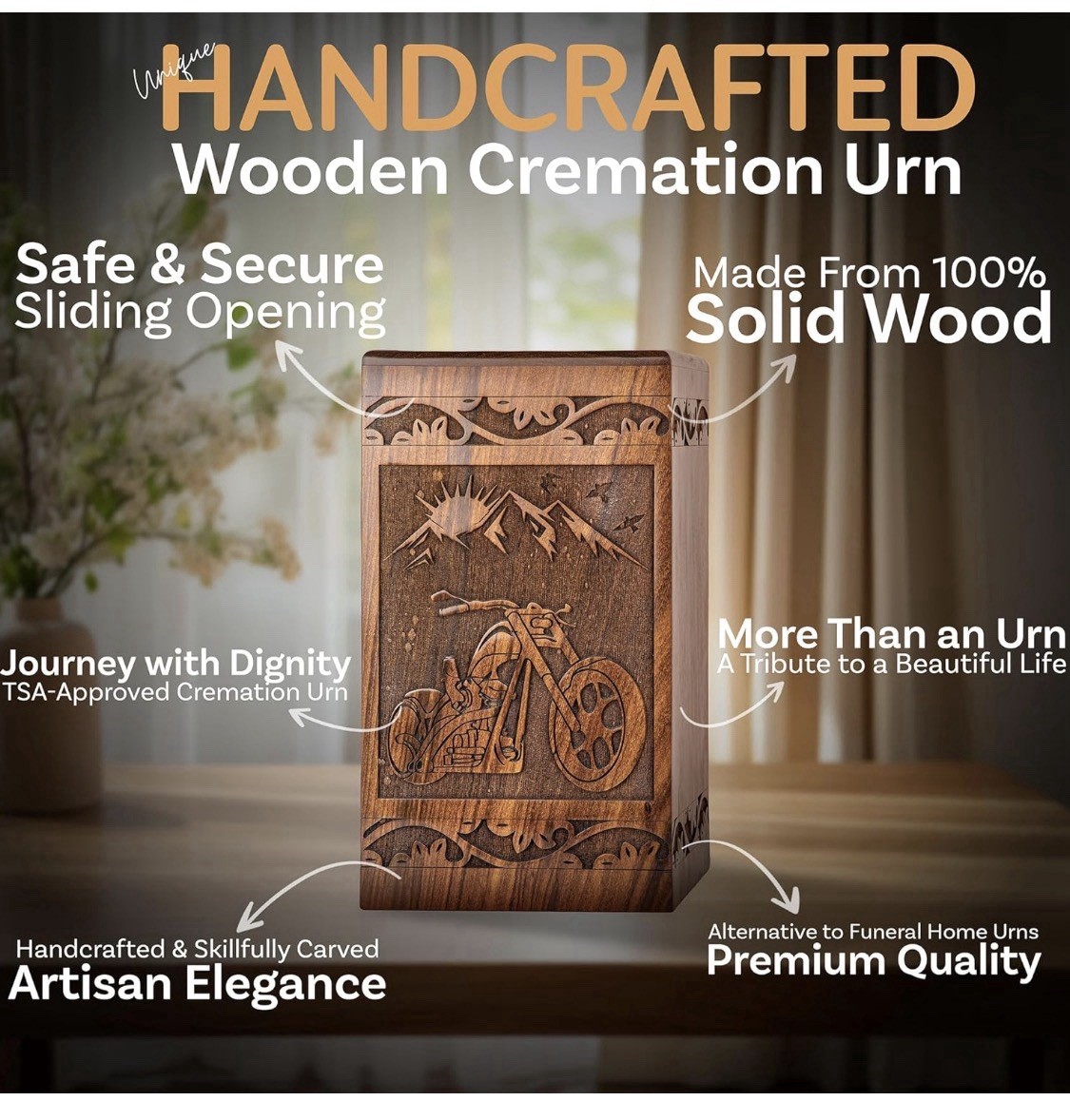 Handcarved Wooden Cremation Urn for Human Ashes – Motorcycle Design 250 Lb