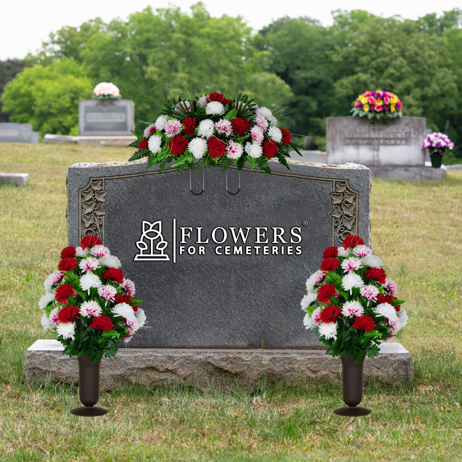 Artificial Cemetery Flowers – 2 Red & White Mums Bouquets, Saddle, and 2 Vases