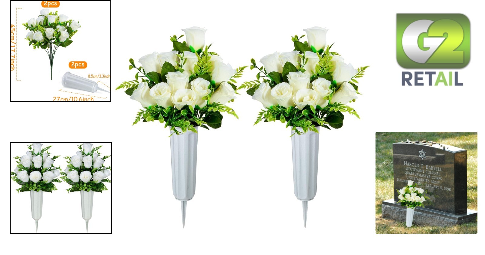 Commemorate Loved Ones with 2 Beautiful White Rose Bouquets and Vases for Graves