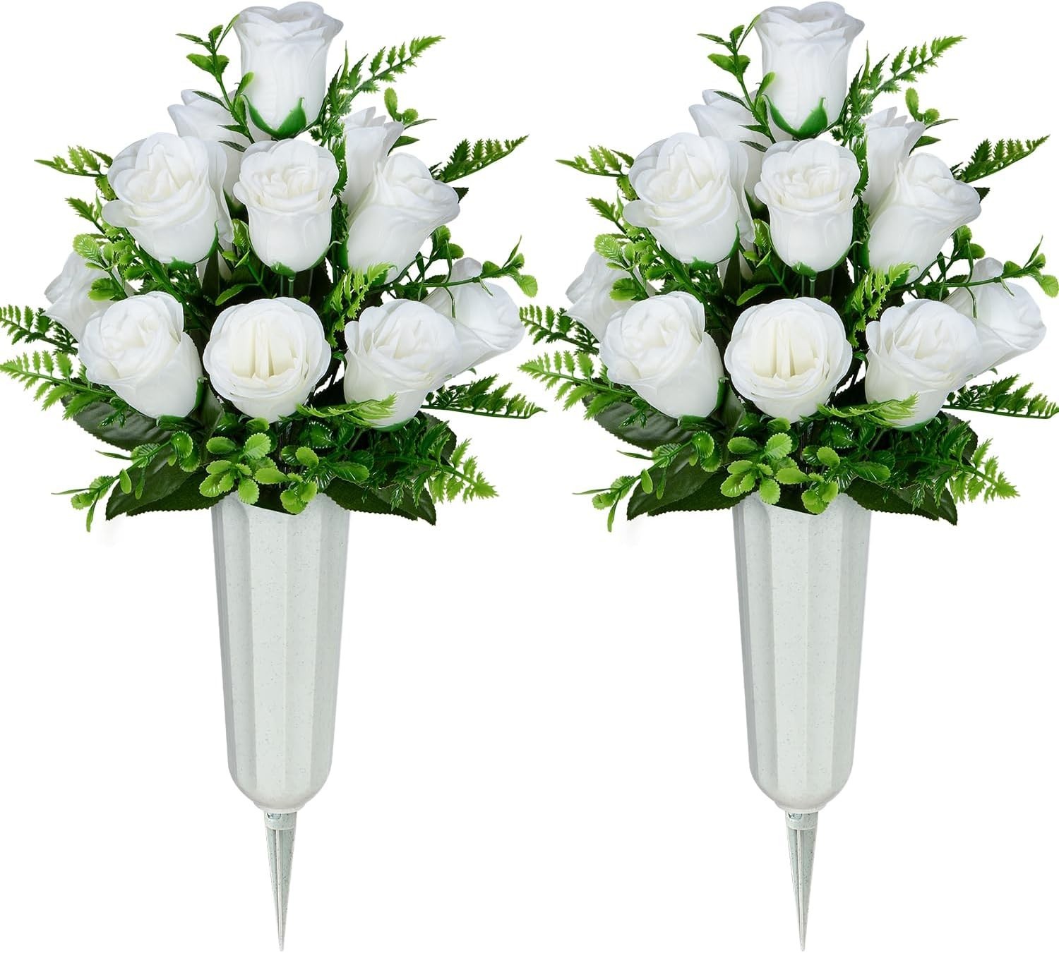 Beautiful White Rose Artificial Grave Flowers Set with Sturdy Vases – Set of 2