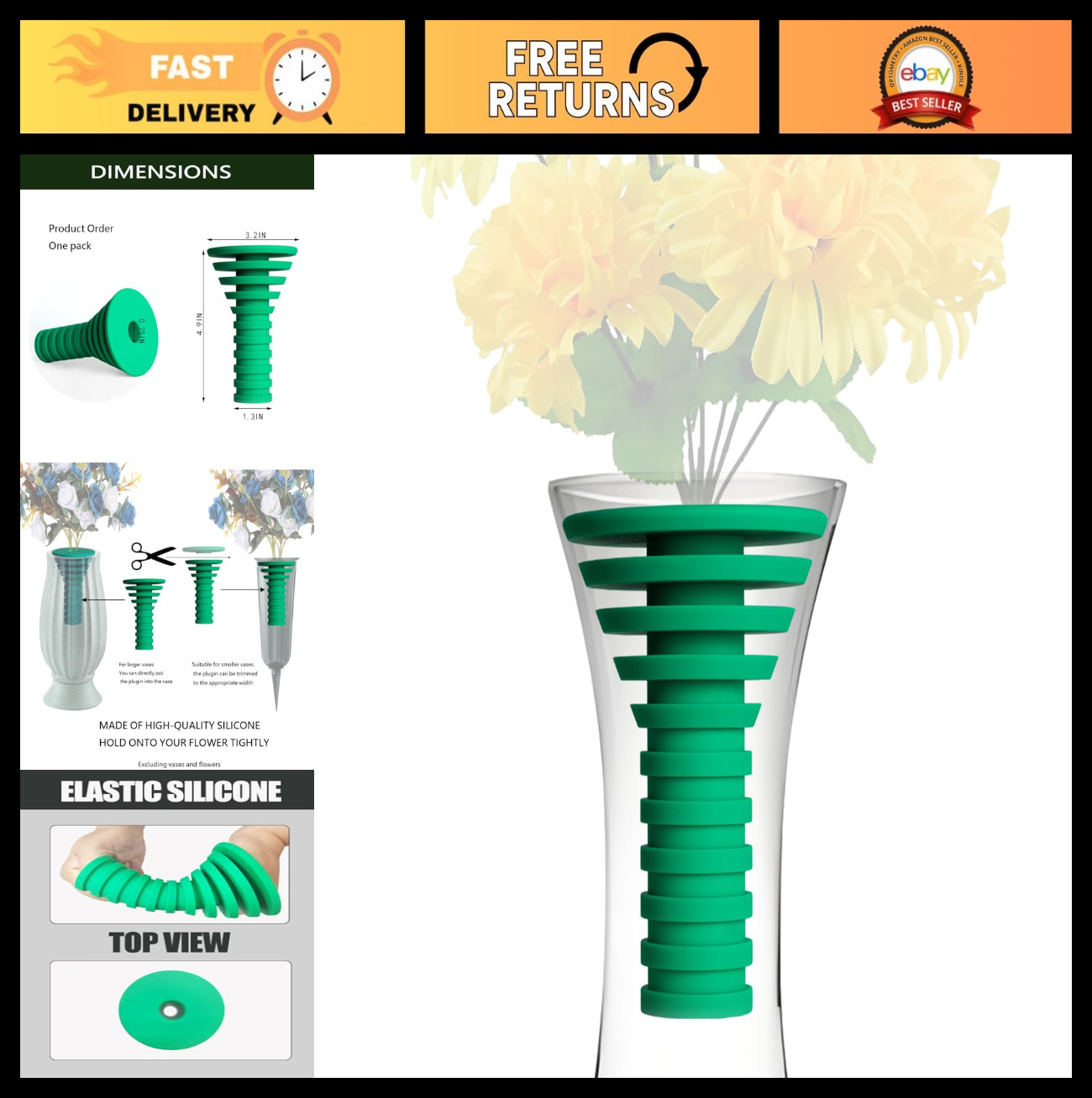Wind Resistant Cemetery Vase Insert – Fixed Rubber Flower Holder, Green Decorati