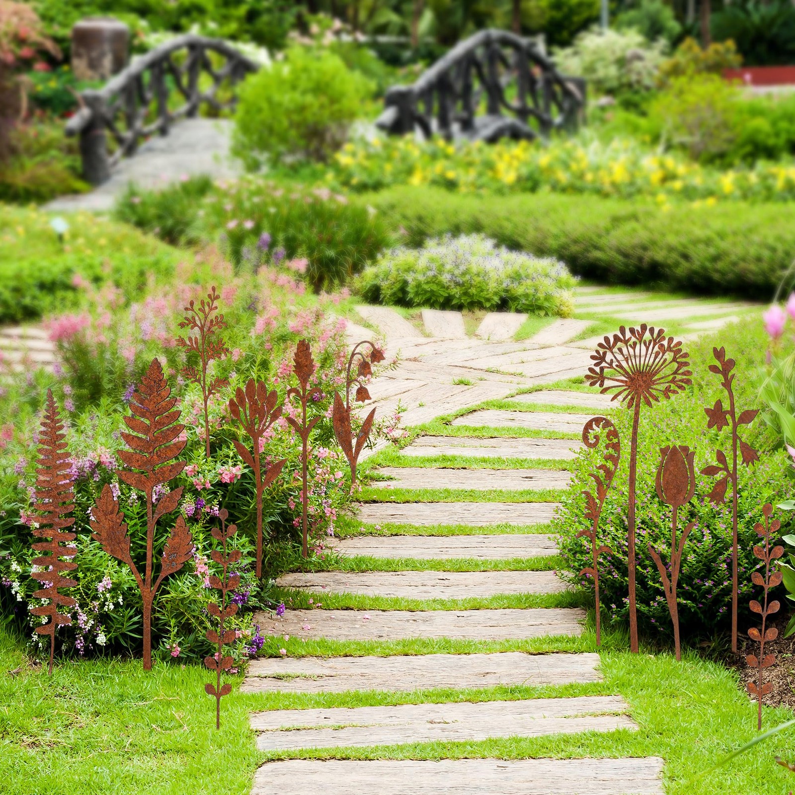 12 Pcs Rusty Metal Flower Garden Stakes for Outdoor Plant Decoration