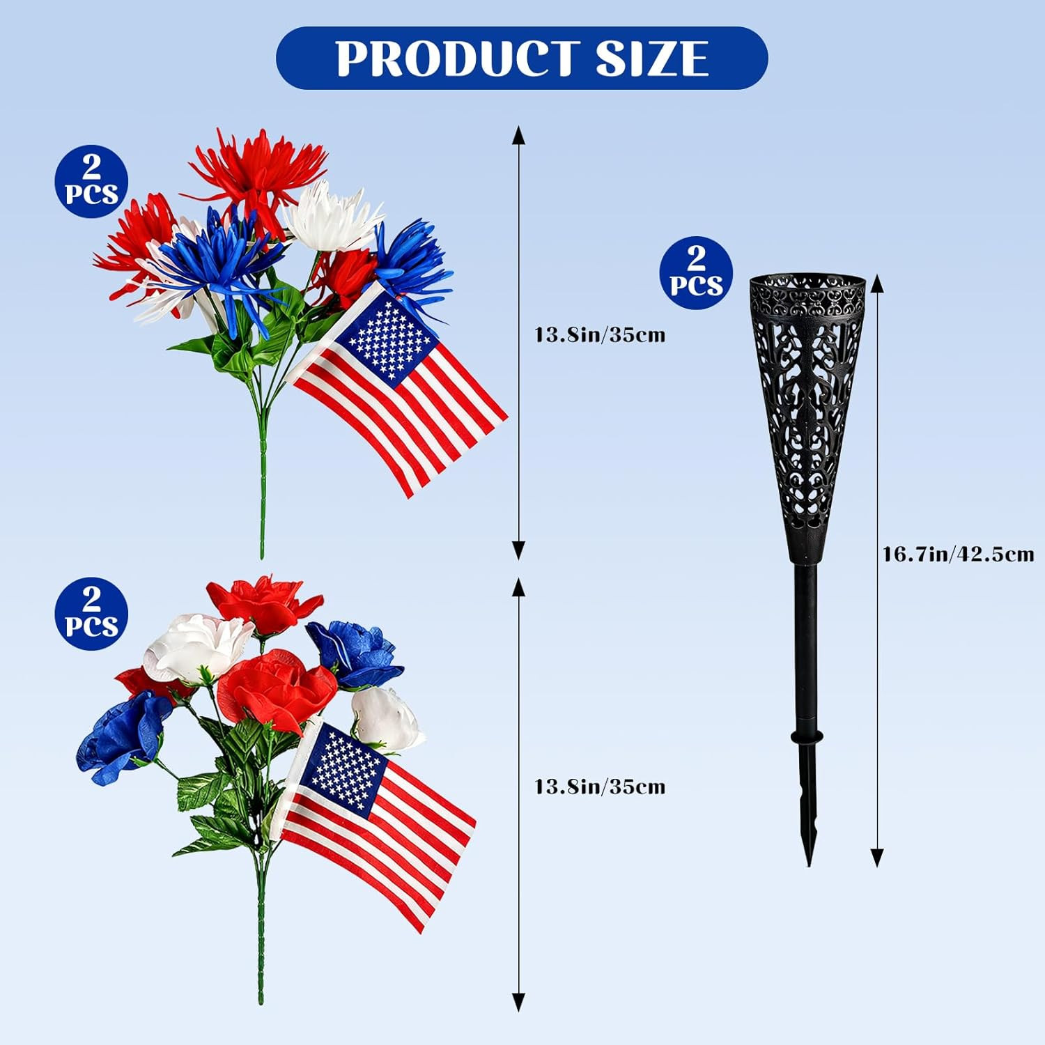 6PCS Memorial Day Grave Decorations, 4 Bunches Red White Blue Cemetery Artificia