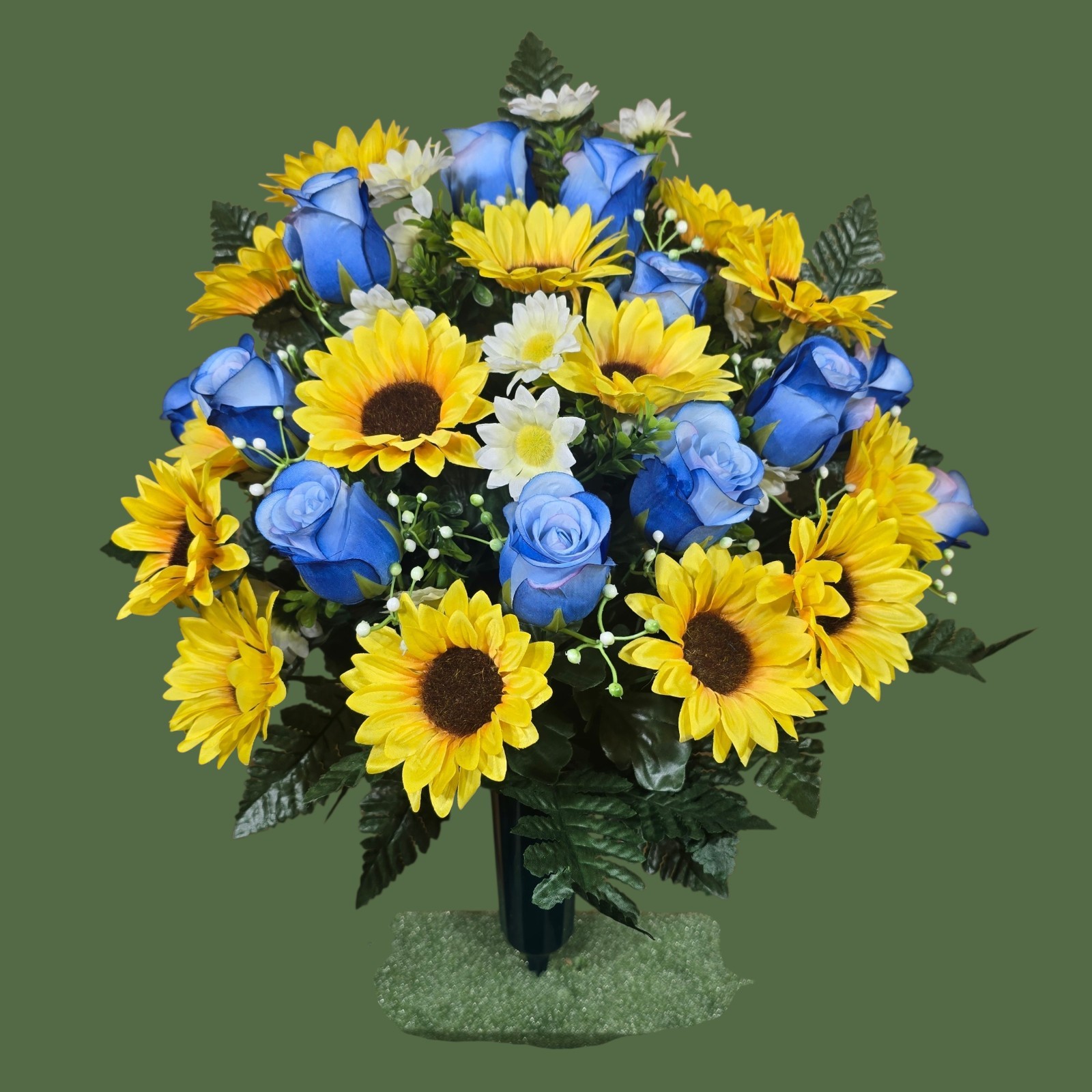 SUNFLOWER CEMETERY VASE MEMORIAL DECORATION WITH BLUE ROSEBUDS AND SUNFLOWERS