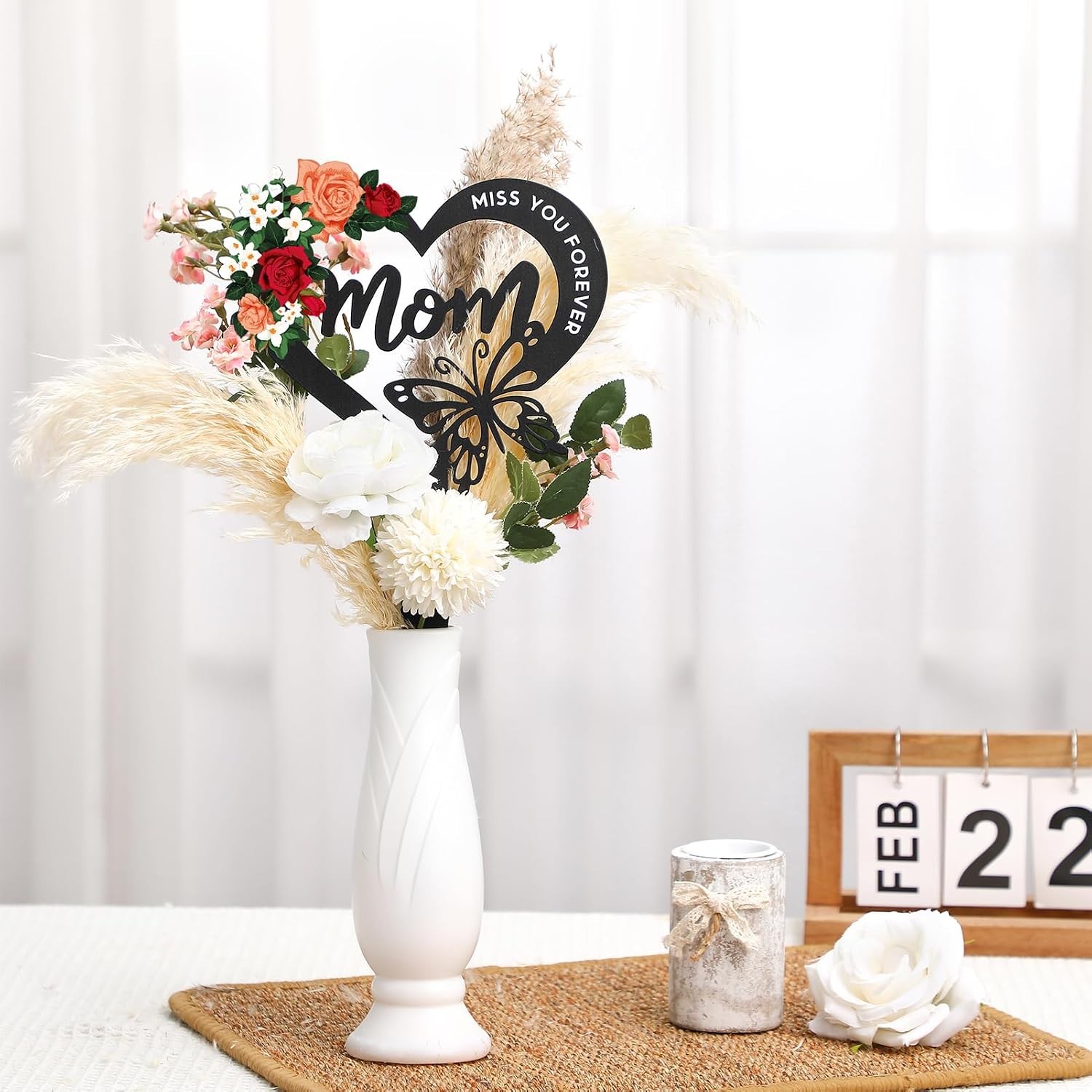 Memorial Grave Markers for Mom Floral Heart Shaped Cemetery Decorations