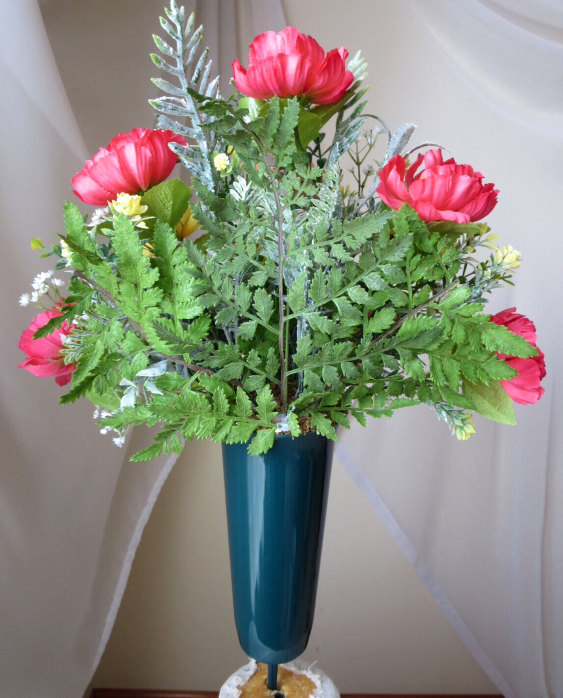 MEMORIAL CEMETERY GREEN VASE ARTIFITIAL FLORAL ARRANGEMENT 18″x15″ NEW