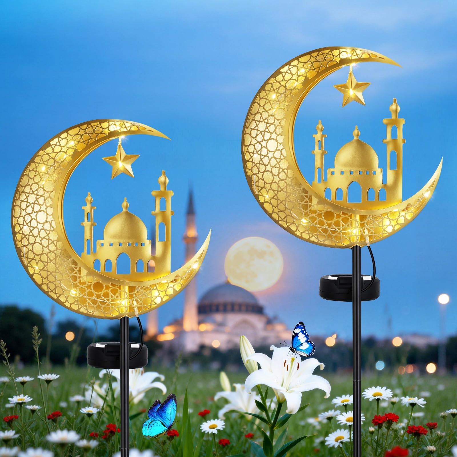 2Pcs Ramadan Solar Lights, Ramadan Decorations Outdoor