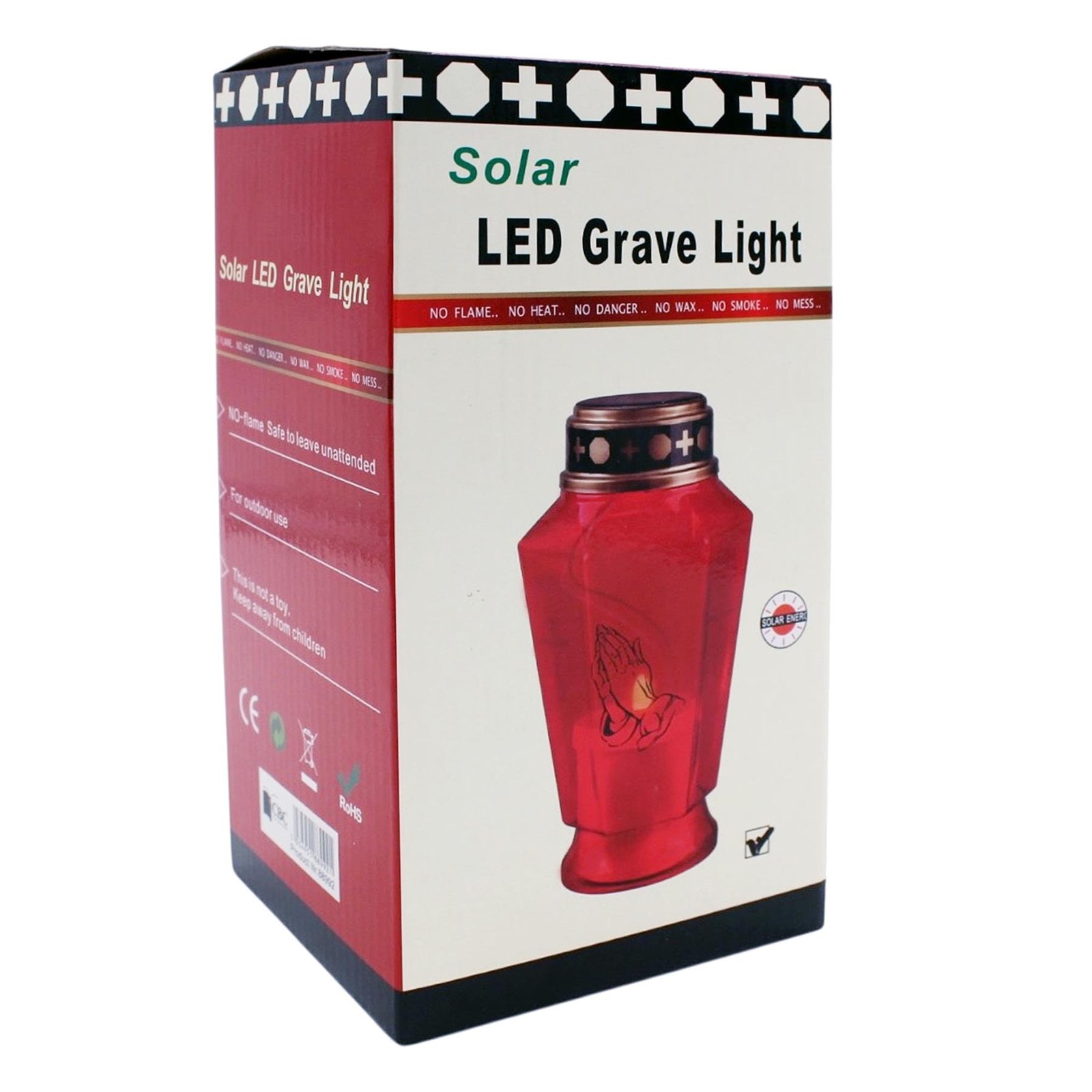 Memorial LED Solar Candle In Red Holder with Praying Hands Graveside Ornament
