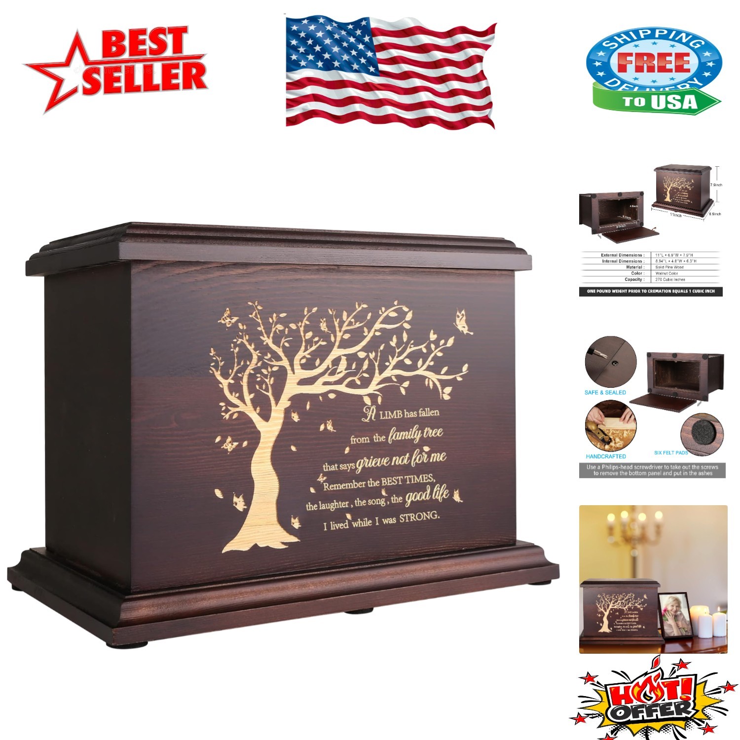 Personalized Pine Wood Burial Urn for Ashes – Large Size, Comforting Keepsake