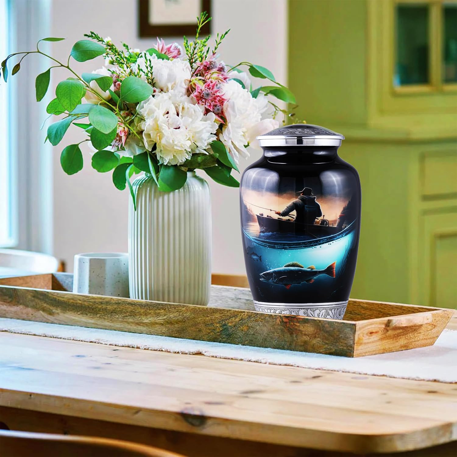 Large Fishing Cremation Urn for Human Ashes Adult – Handmade Funeral Urn for Men