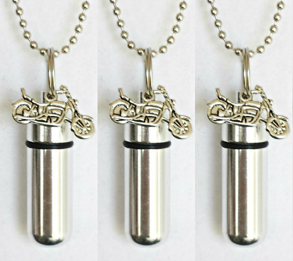 Set Of Three Silver Motorcycle CREMATION URN Necklaces, Memorial Keepsakes