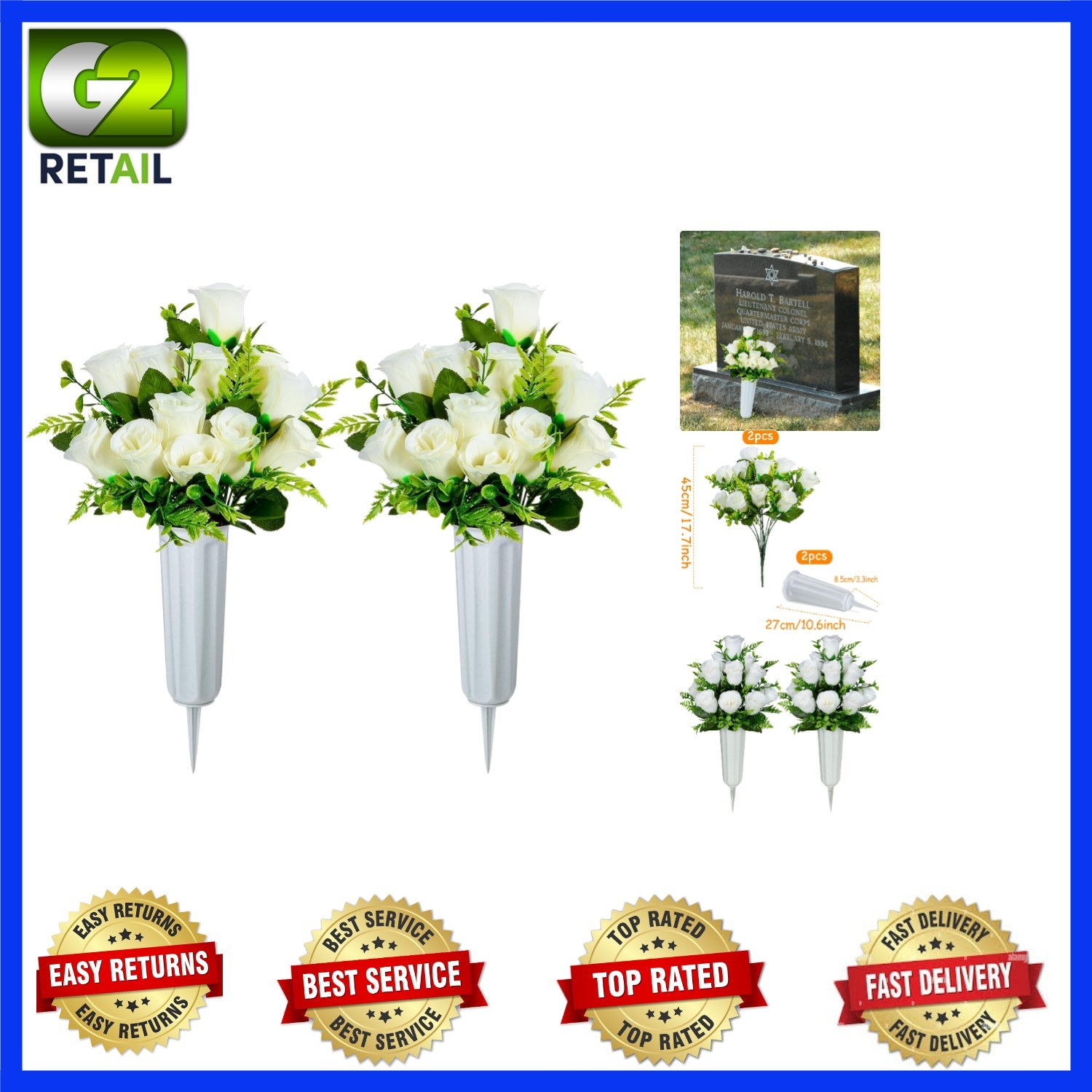 Commemorate Loved Ones with 2 Beautiful White Rose Bouquets and Vases for Graves