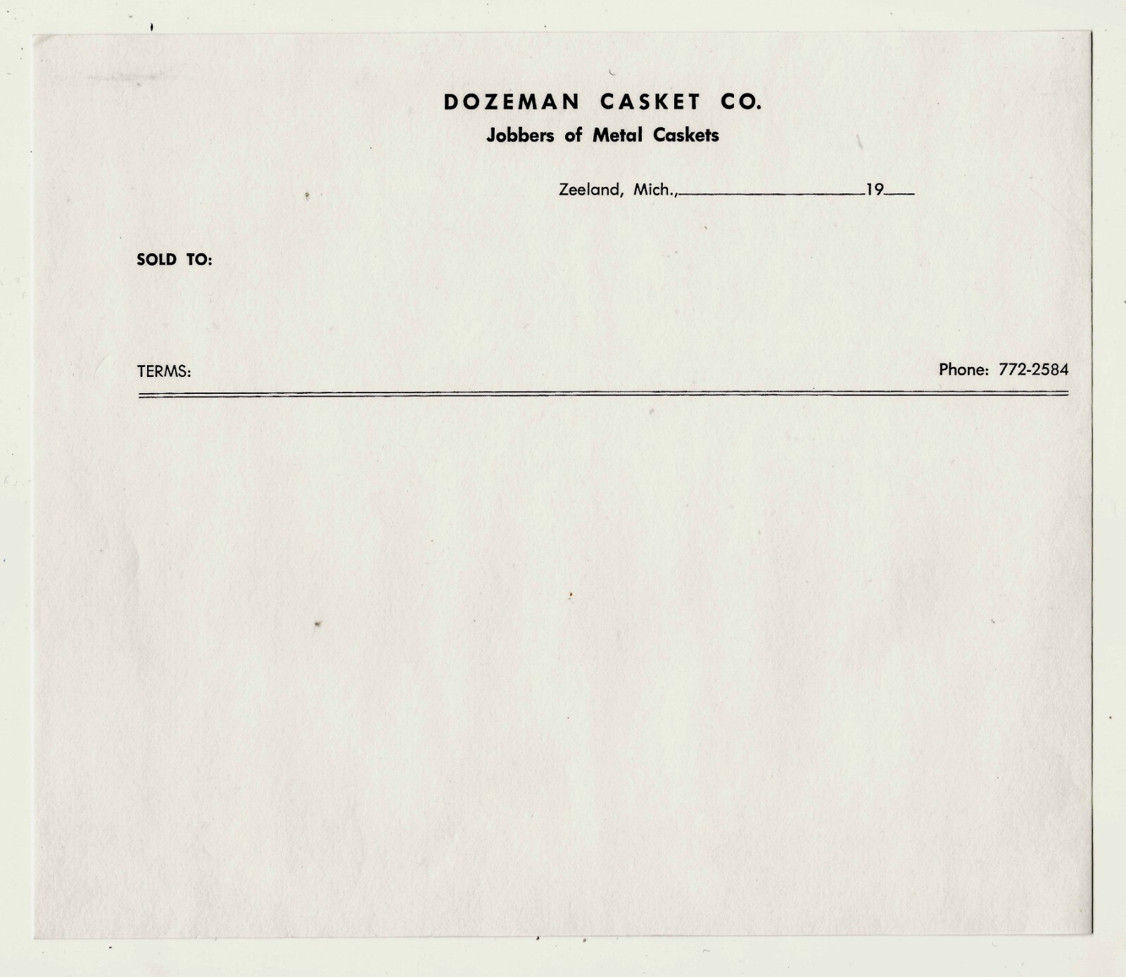Dozeman Casket Company letterhead, Zeeland, Michigan; history