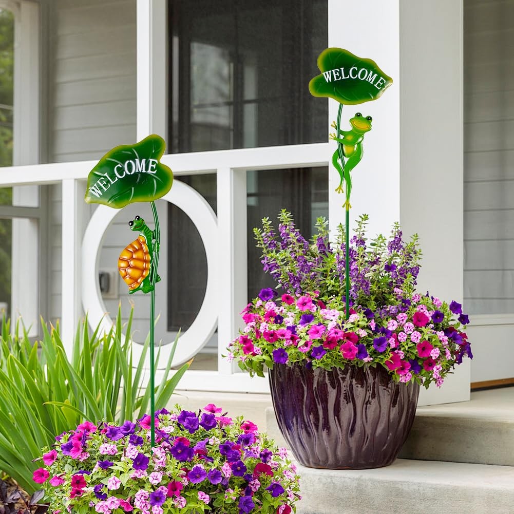 Frog Garden Stakes – Metal Tortoise Yard Art for Outdoor Pathway and Patio