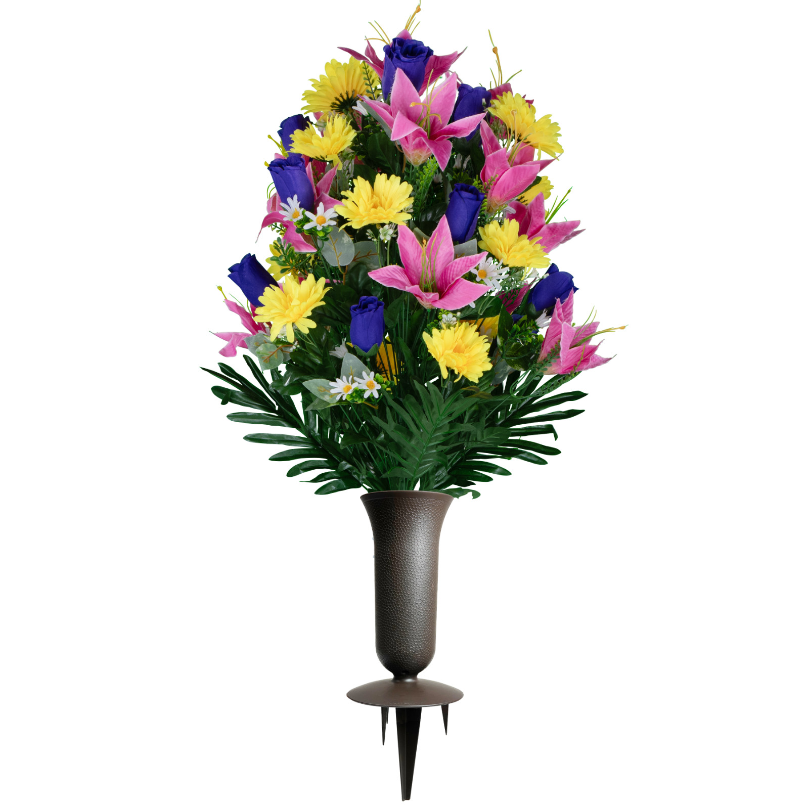 Artificial Flowers – Pink Lilies with Yellow Daisies and Purple Roses with Vase