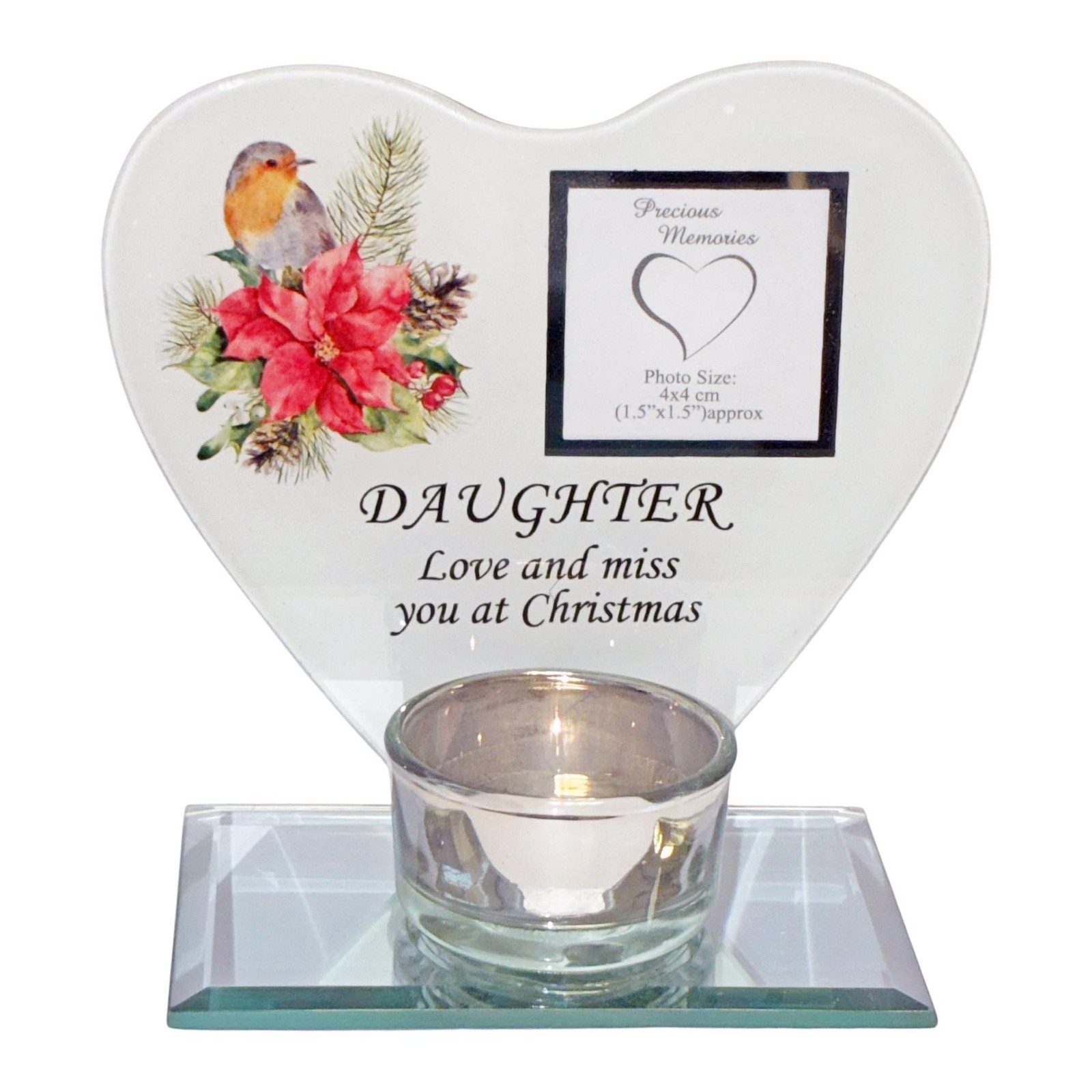 Christmas Memorial Glass Tea Light Candle Holder Robin / Poinsettia – Daughter