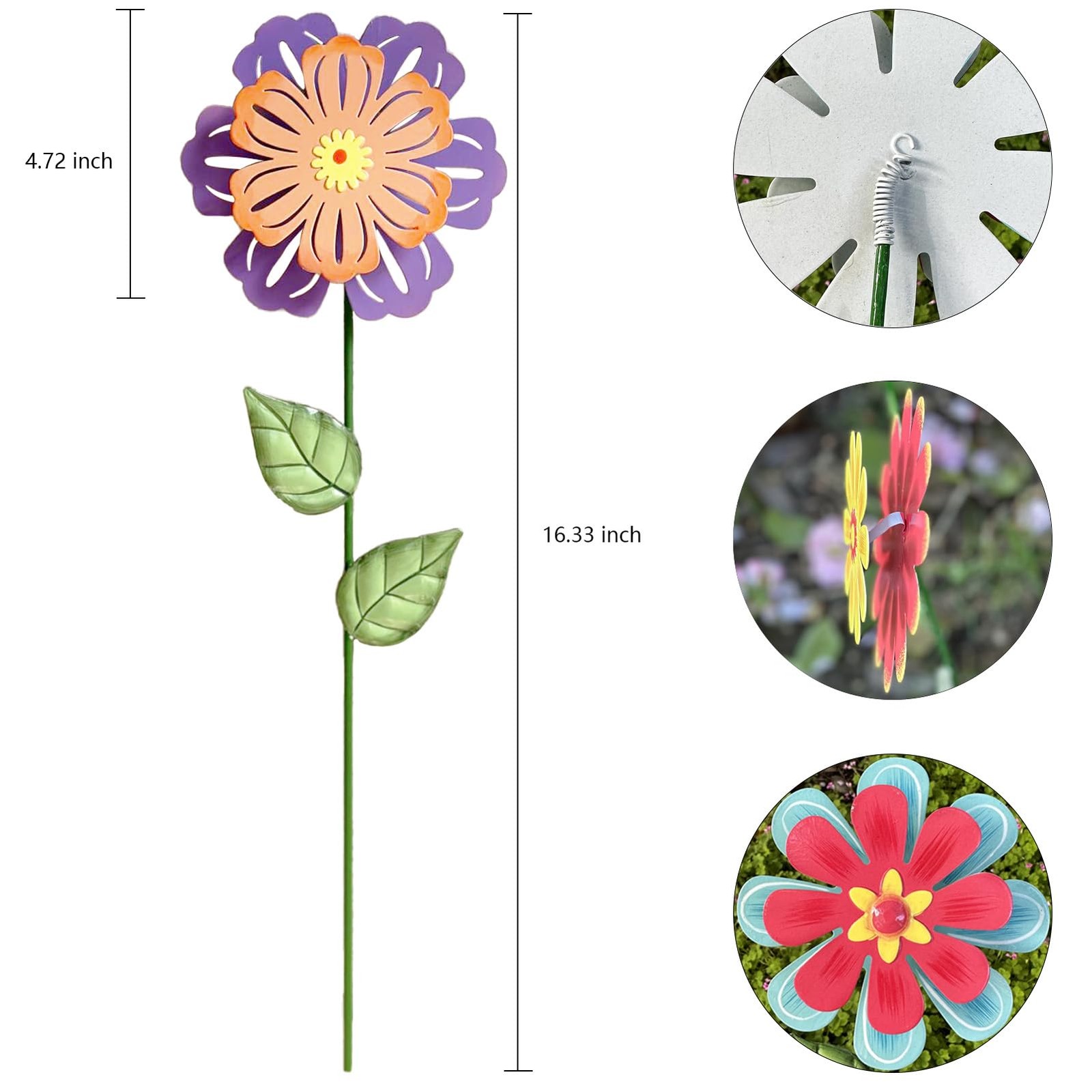 Metal Flowers 16.33 Inch Decorative Garden Stakes Swaying Head 4 Pack
