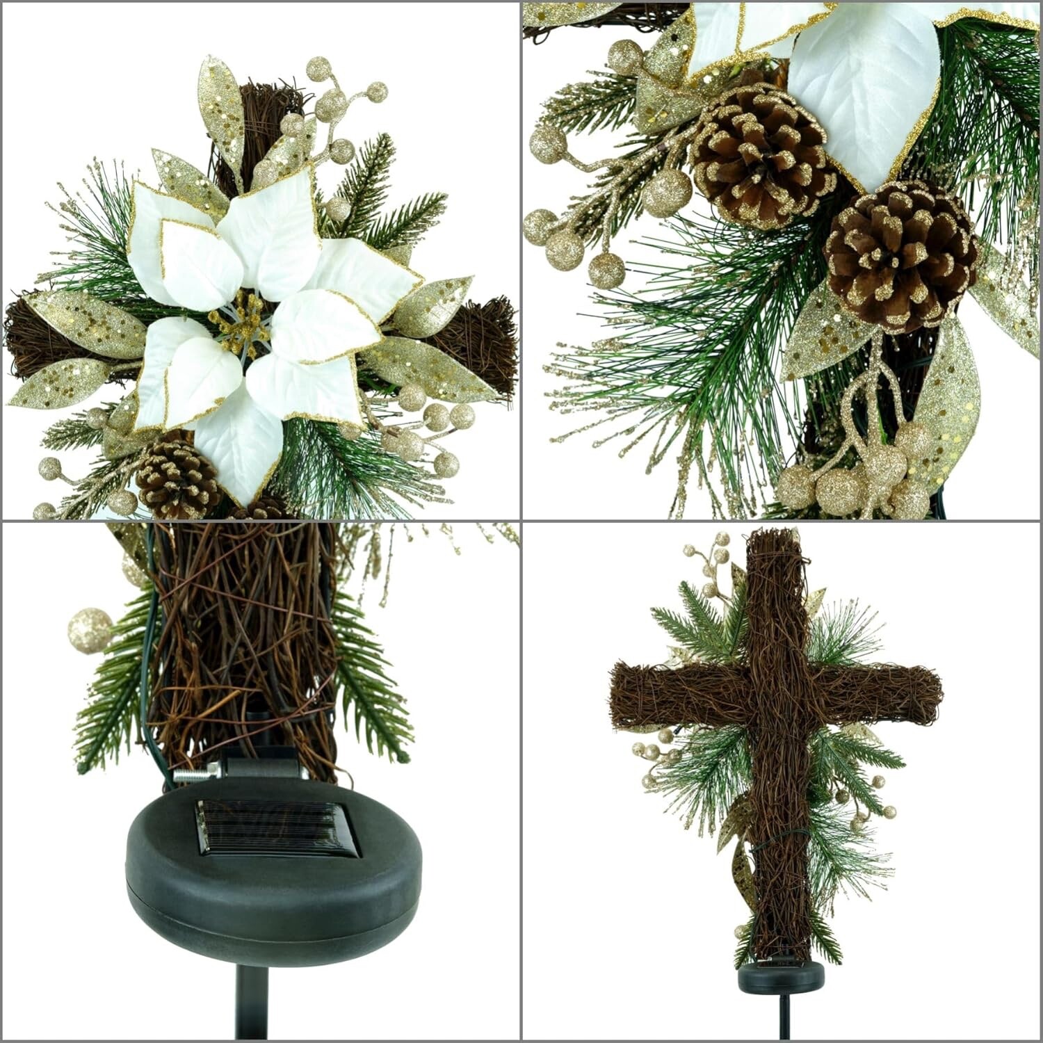 Solar Lighted Golden Cross Stake Gravesite Marker Cemetery Tombstone Decoration