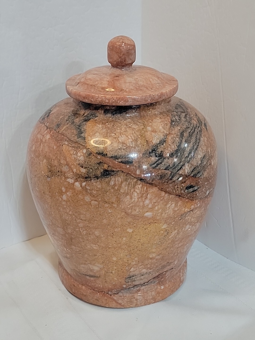 Large Marble Cremation Urn 220 Cubic Inches Peach Grey Black Swirl Made Mexico