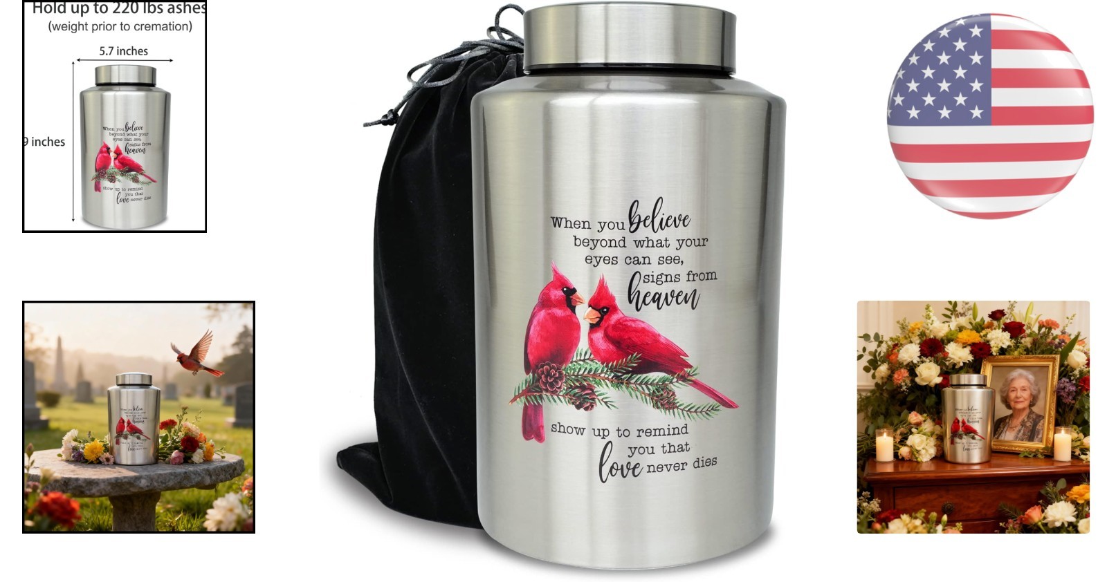 Durable Stainless Steel Cardinal Design Urn for Adult Ashes – 220 lbs Capacity