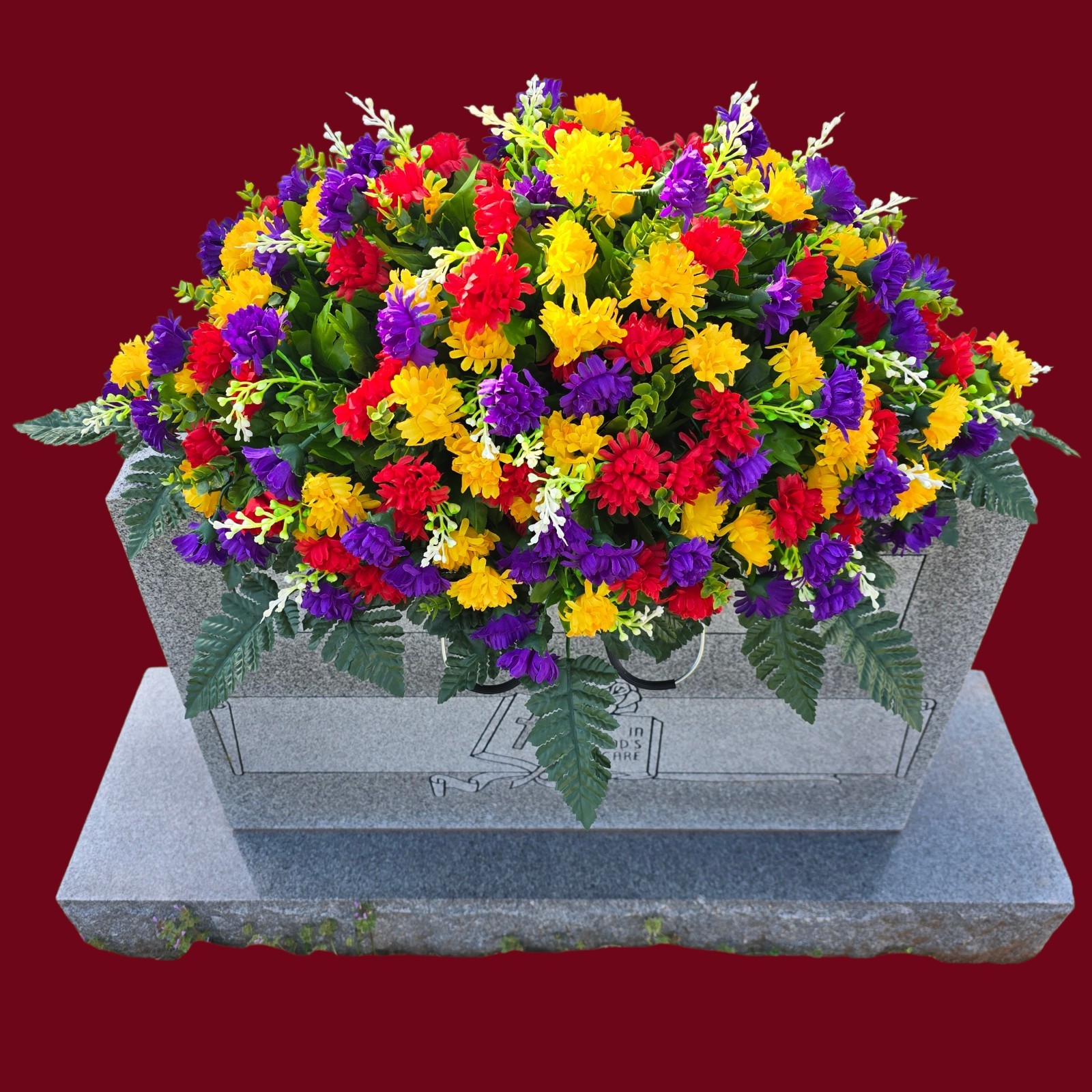 MULTI-COLORED MINI-MUM CEMETERY HEADSTONE SADDLE WITH QUALITY MEMORIAL FLOWERS